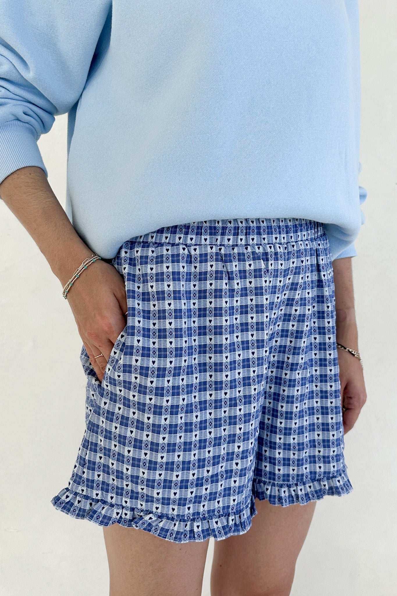 Love Letter Gingham Checkered Heart Ruffle Shorts in Blue - Neutral Ground