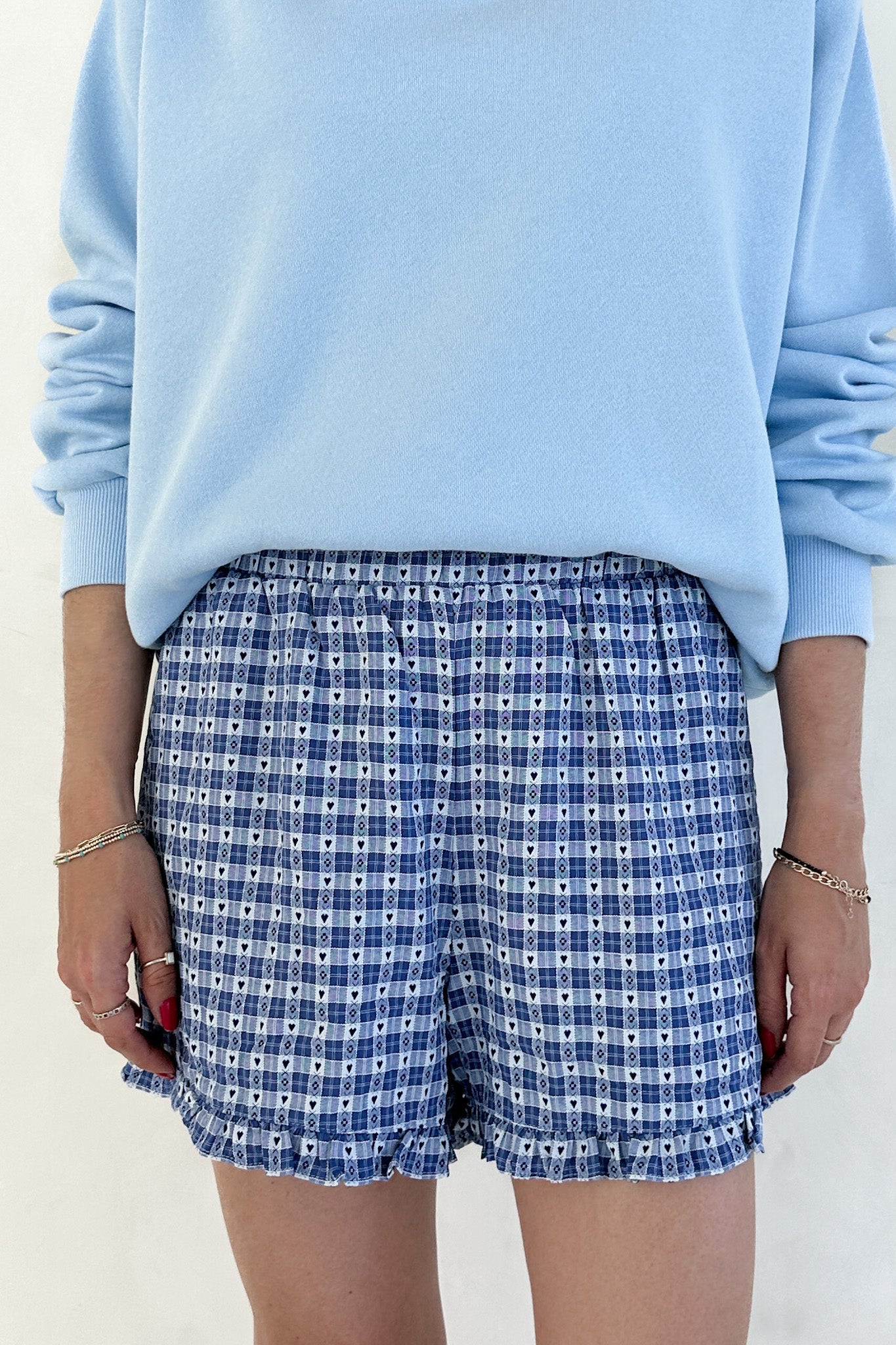 Love Letter Gingham Checkered Heart Ruffle Shorts in Blue - Neutral Ground