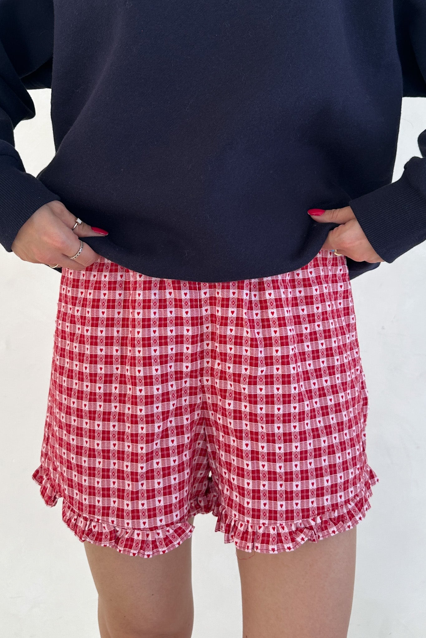 Love Letter Gingham Checkered Heart Ruffle Shorts in Red - Neutral Ground