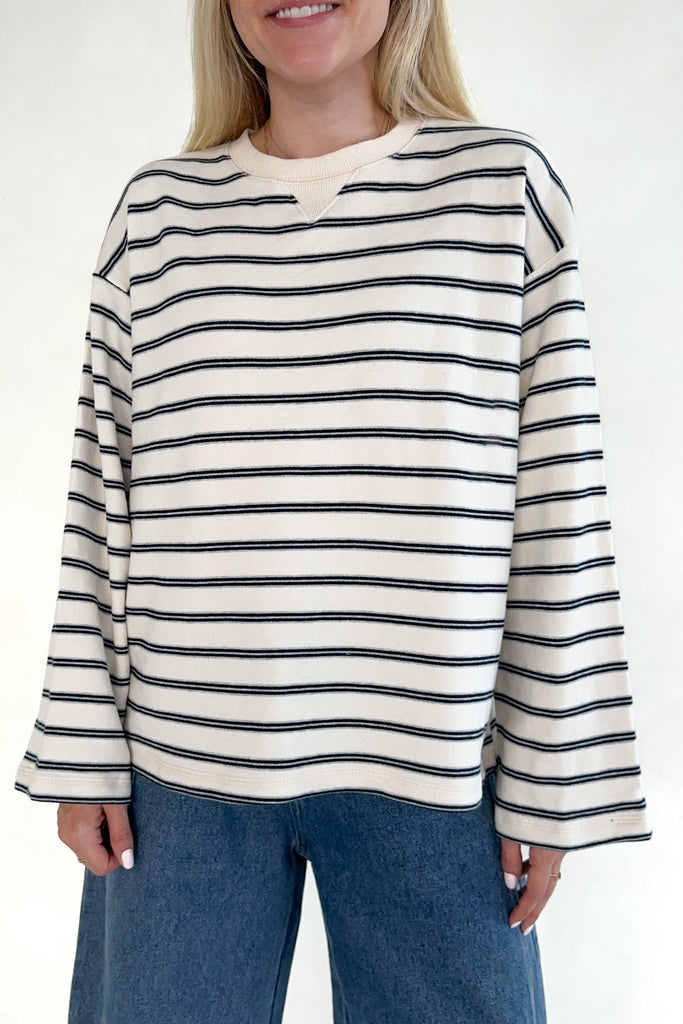 Low Key Cotton Striped Pullover Top - Neutral Ground