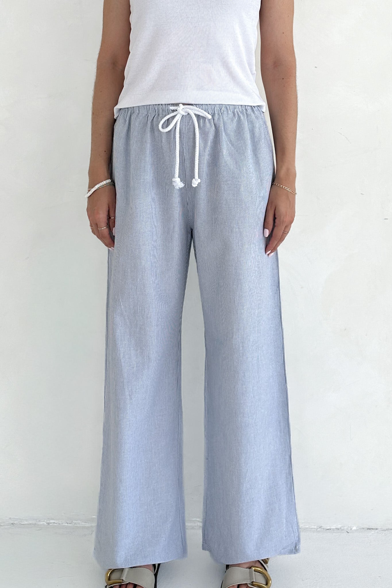 Low Tide Blue Pinstripe Wide Leg Linen Blend Pants - Neutral Ground