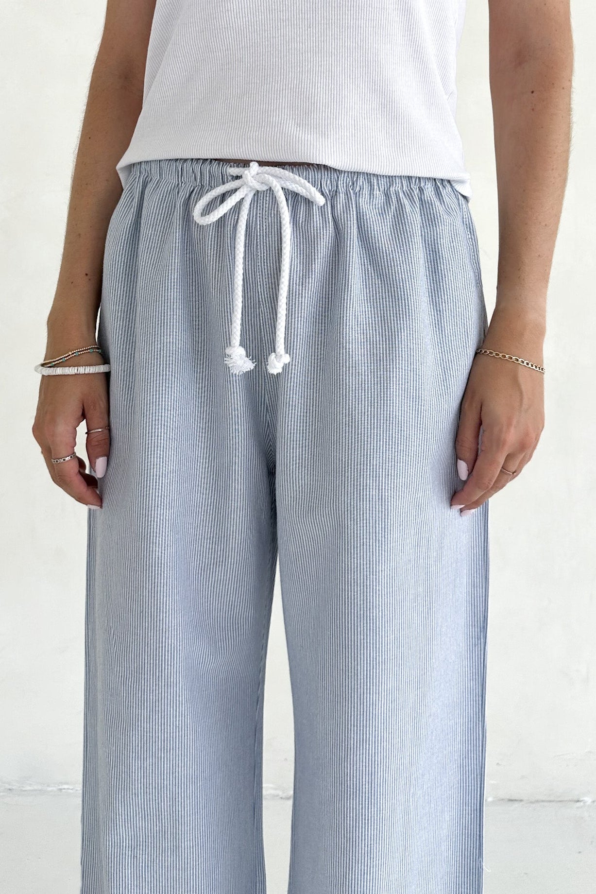 Low Tide Blue Pinstripe Wide Leg Linen Blend Pants - Neutral Ground