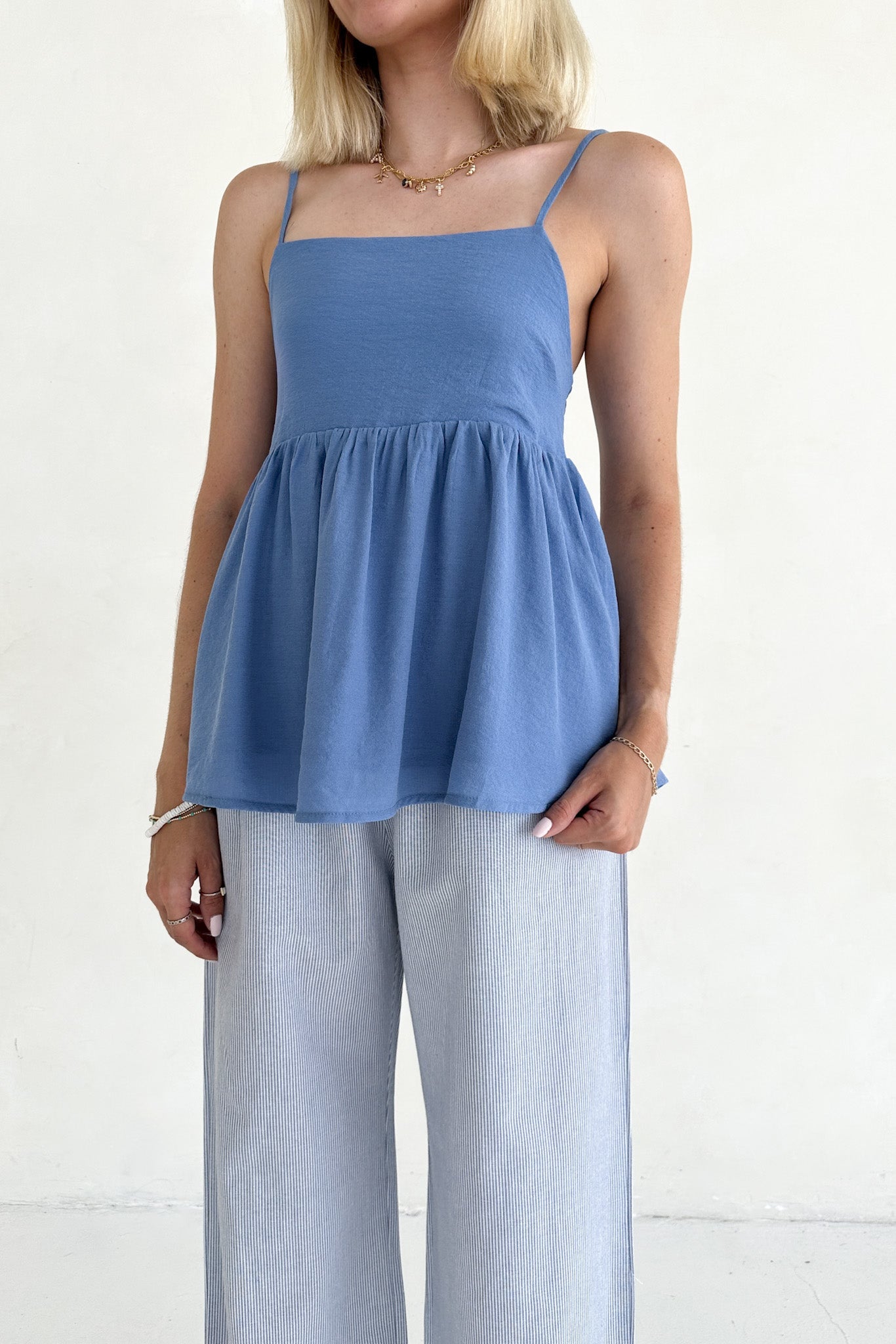 Low Tide Blue Pinstripe Wide Leg Linen Blend Pants - Neutral Ground