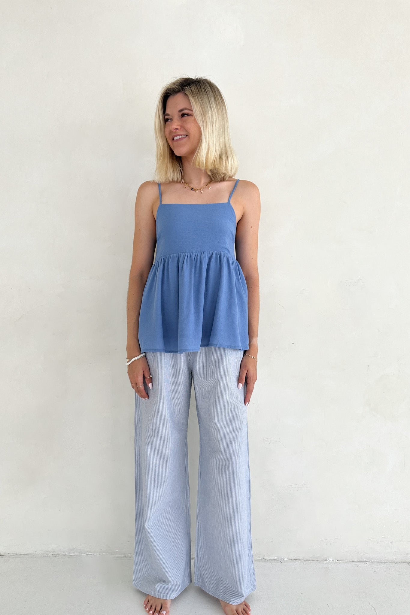 Low Tide Blue Pinstripe Wide Leg Linen Blend Pants - Neutral Ground