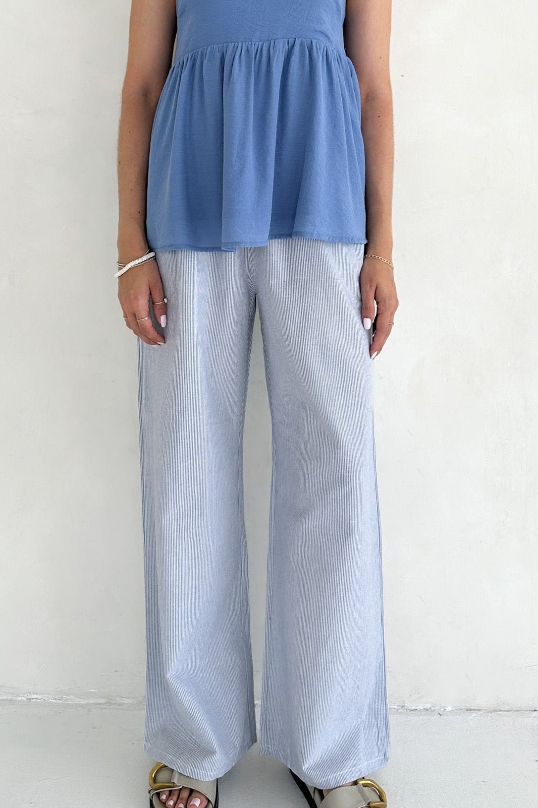 Low Tide Blue Pinstripe Wide Leg Linen Blend Pants - Neutral Ground