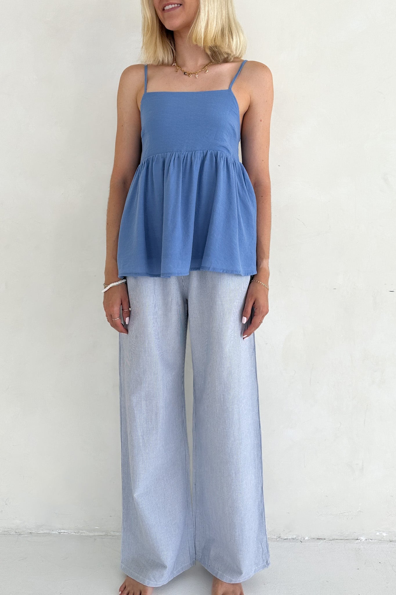 Low Tide Blue Pinstripe Wide Leg Linen Blend Pants - Neutral Ground