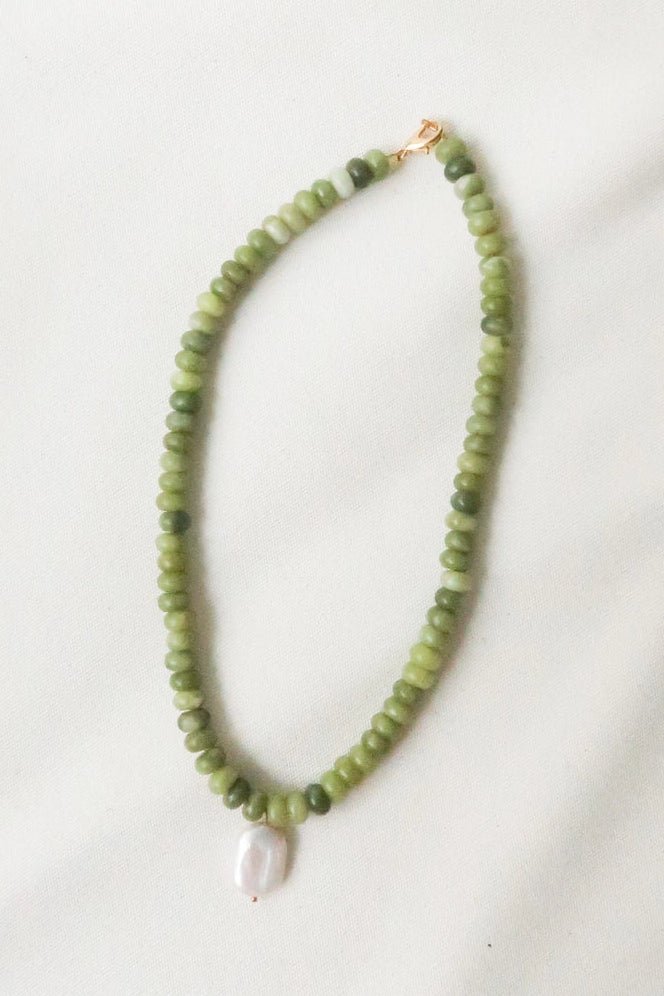 Lua Green Jade and Pearl Natural Stone Necklace - Neutral Ground