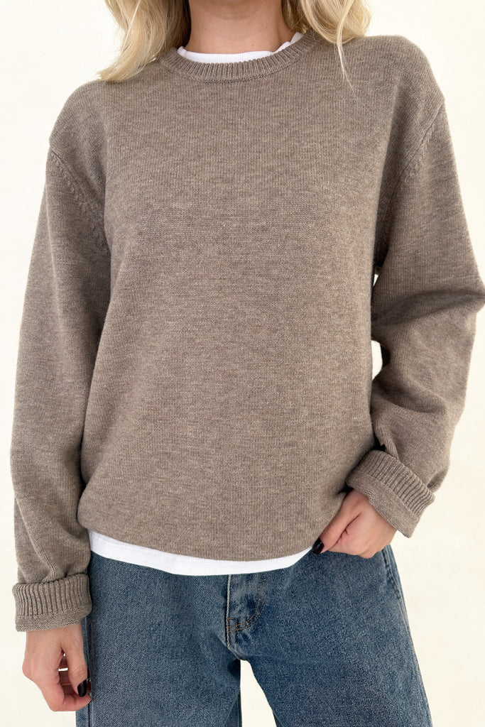 Maddox Essential Crew Neck Boyfriend Sweater in Mocha - Neutral Ground