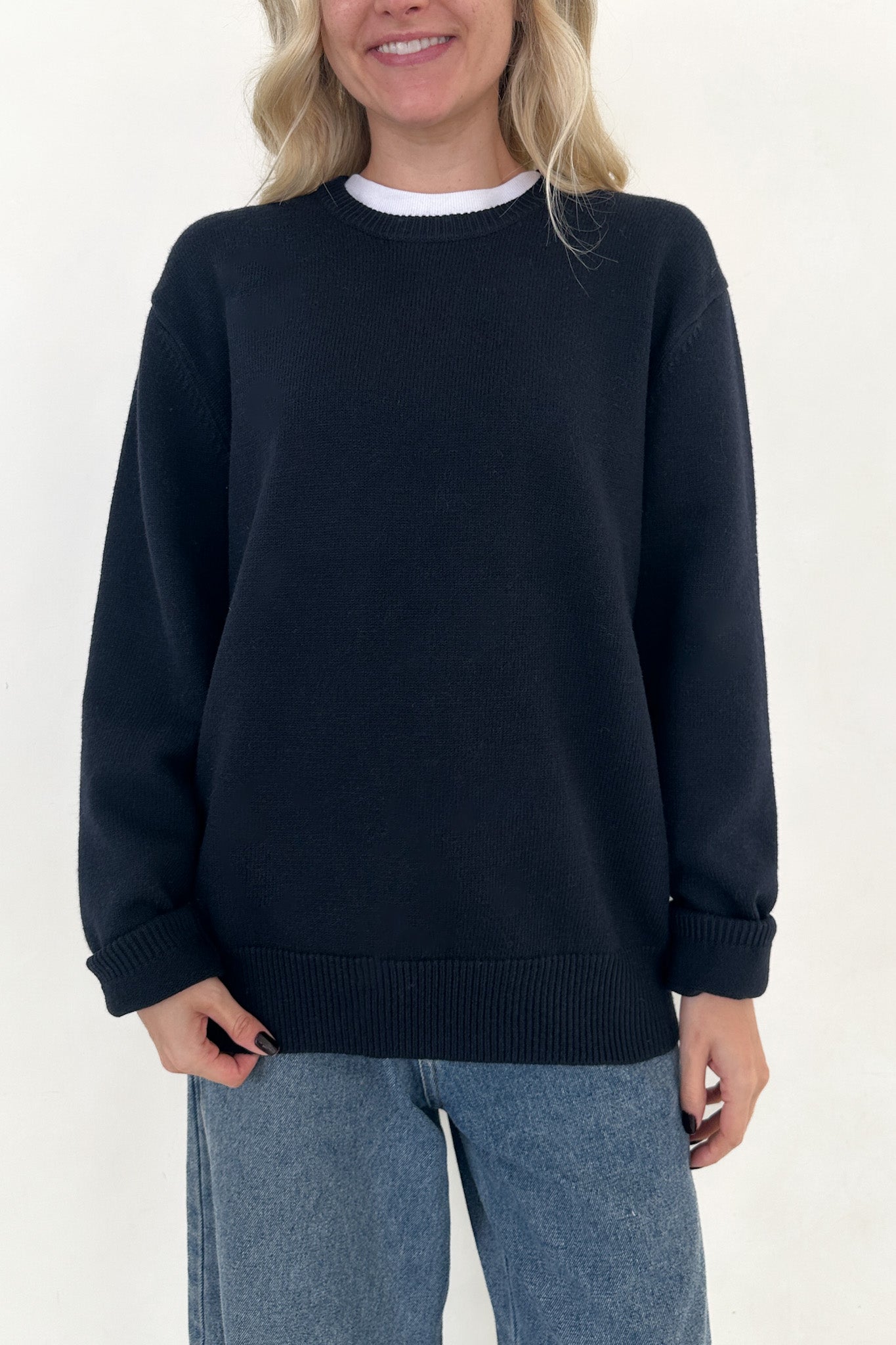 Maddox Essential Crew Neck Boyfriend Sweater in Navy - Neutral Ground