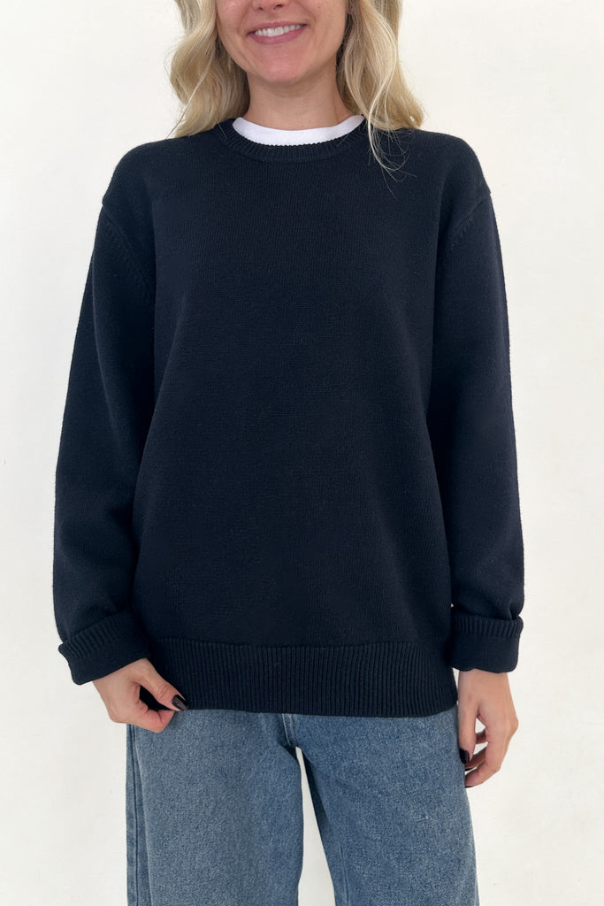 Maddox Essential Crew Neck Boyfriend Sweater in Navy - Neutral Ground