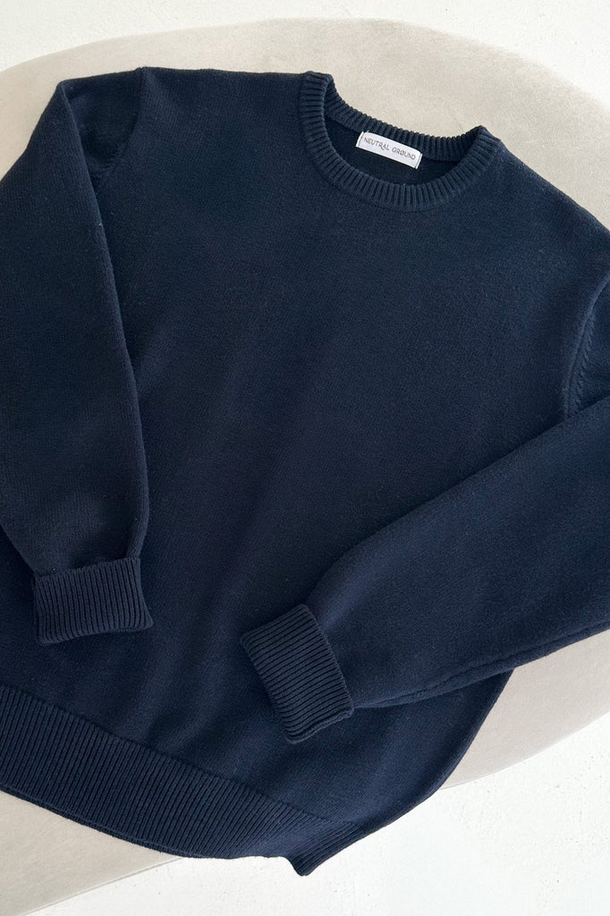 Maddox Essential Crew Neck Boyfriend Sweater in Navy - Neutral Ground