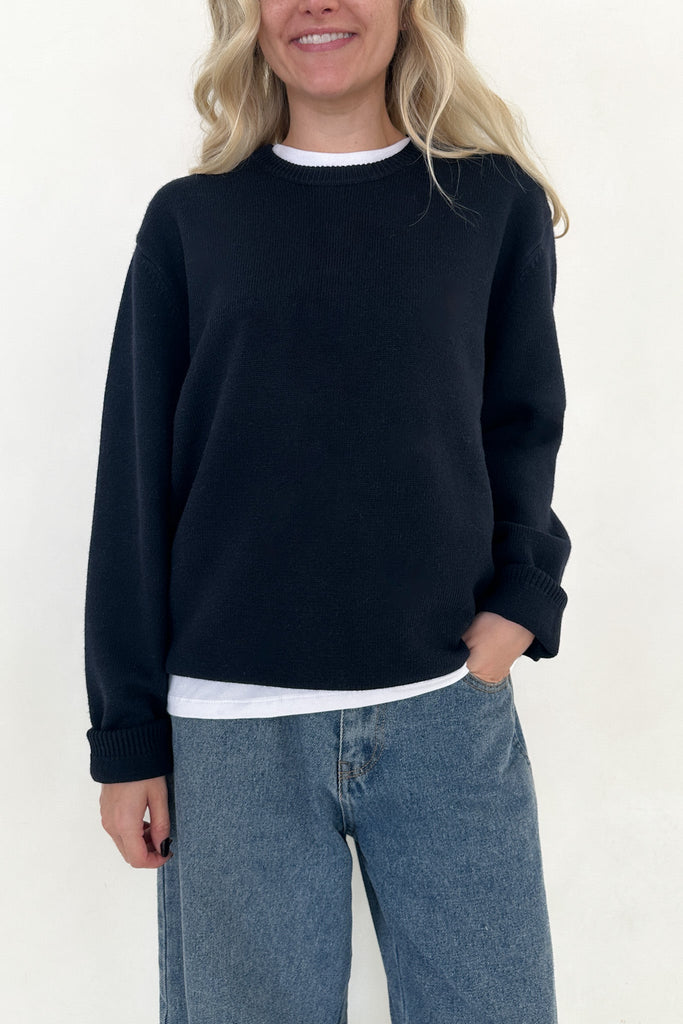 Maddox Essential Crew Neck Boyfriend Sweater in Navy - Neutral Ground