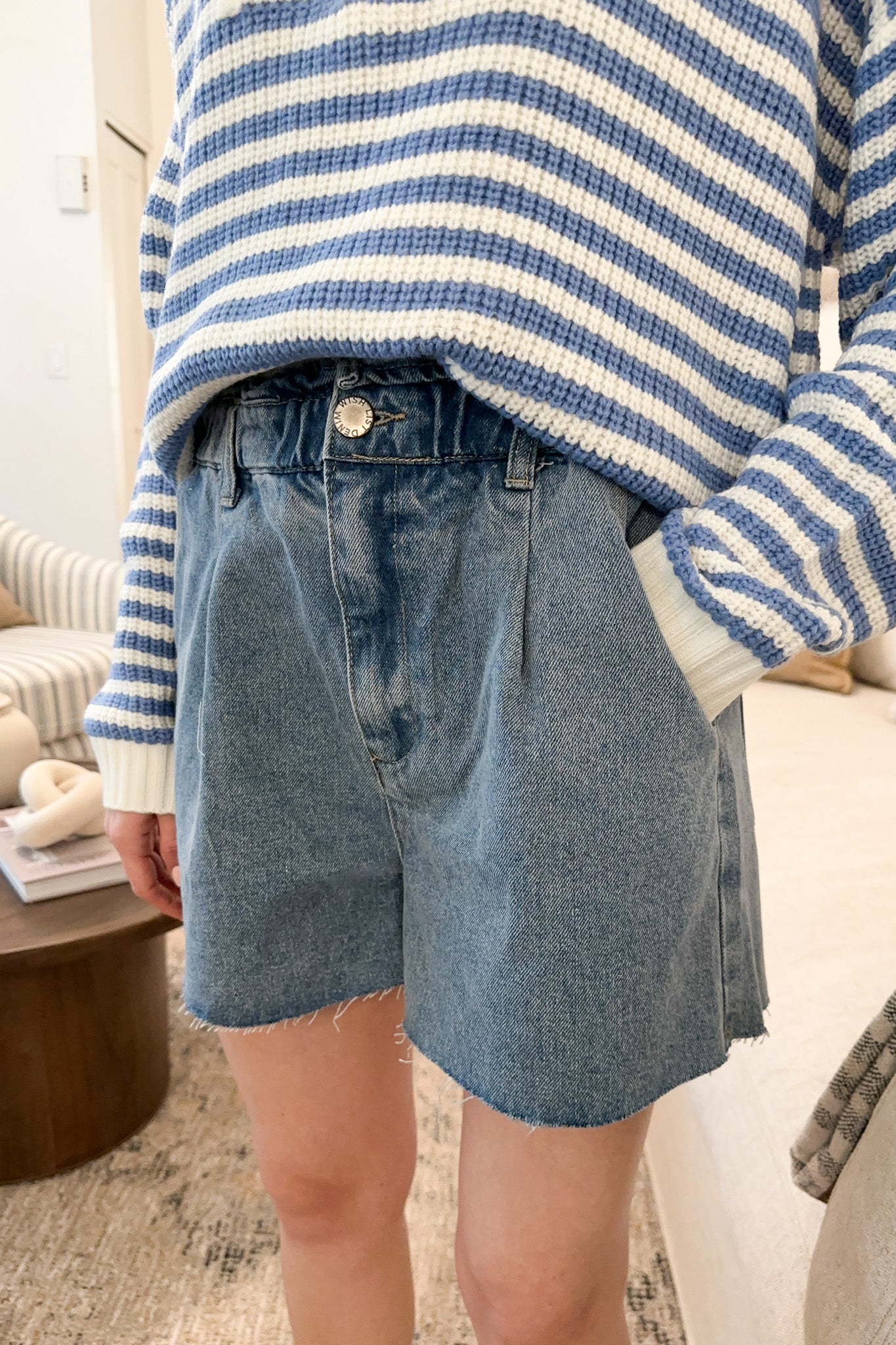 Madeline Paperbag Cotton Shorts in Denim - Neutral Ground