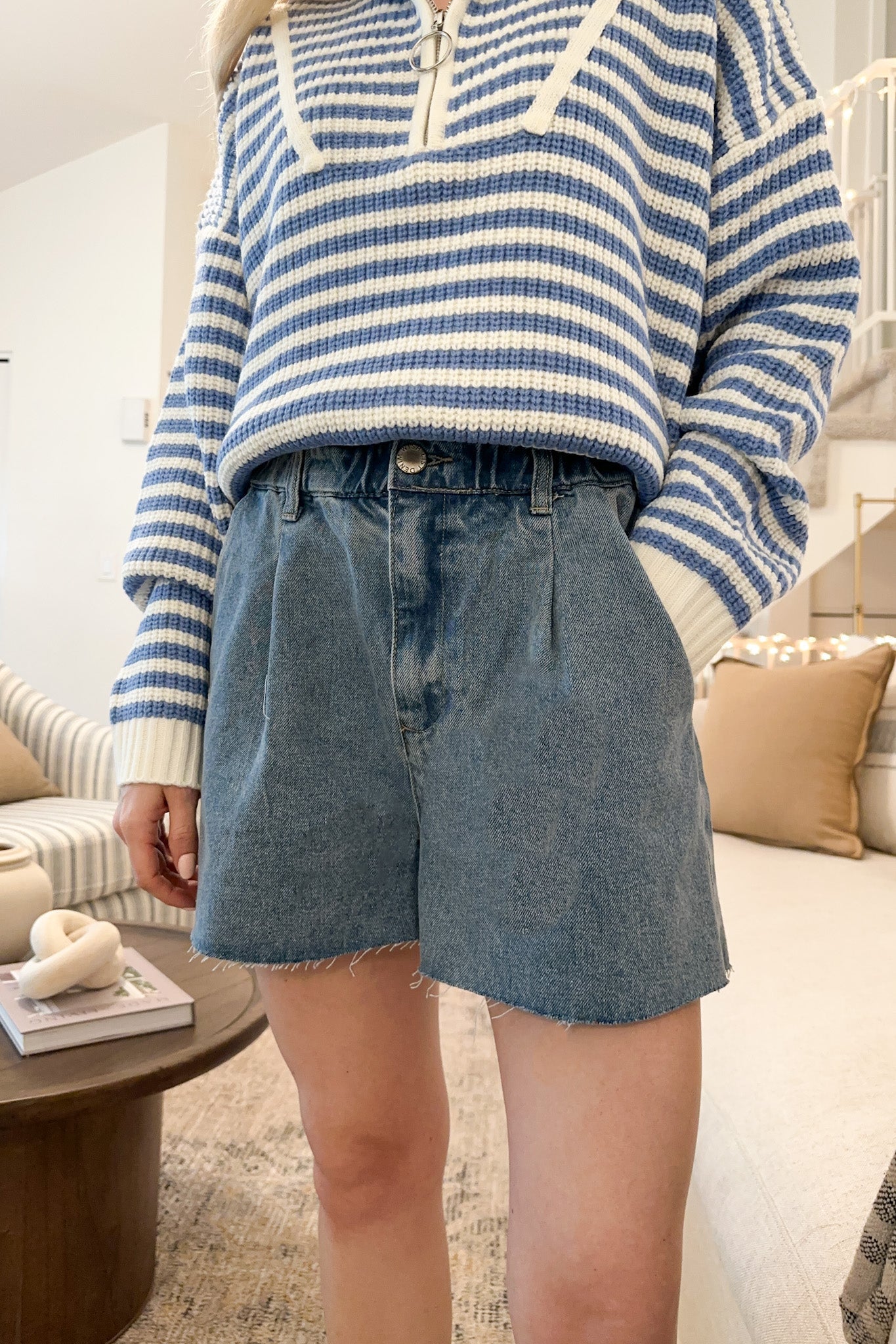 Madeline Paperbag Cotton Shorts in Denim - Neutral Ground
