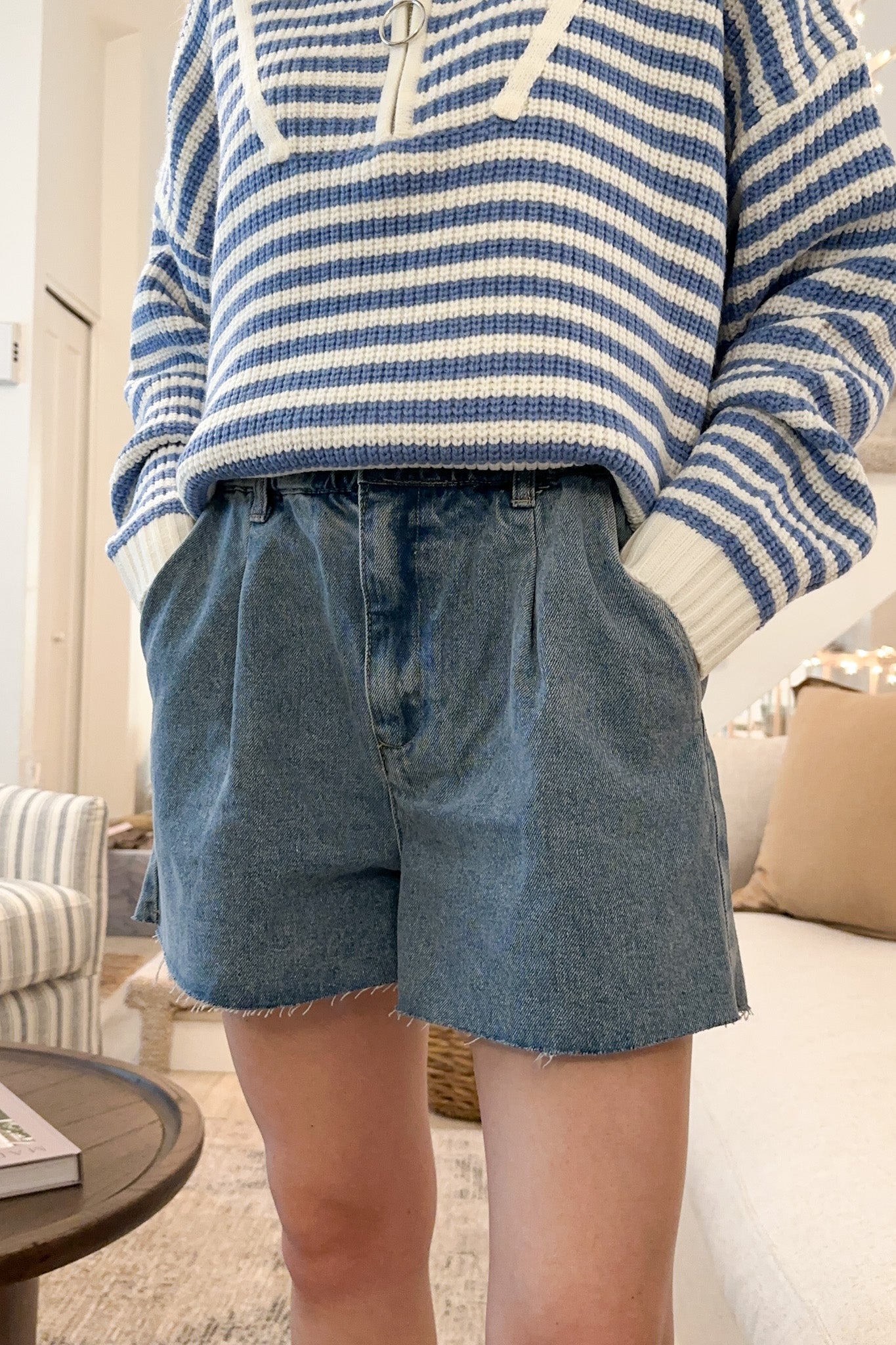 Madeline Paperbag Cotton Shorts in Denim - Neutral Ground