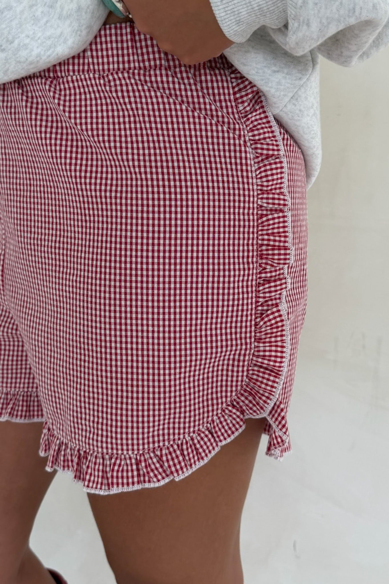 Main Street Gingham Ruffle Shorts in Red - Neutral Ground