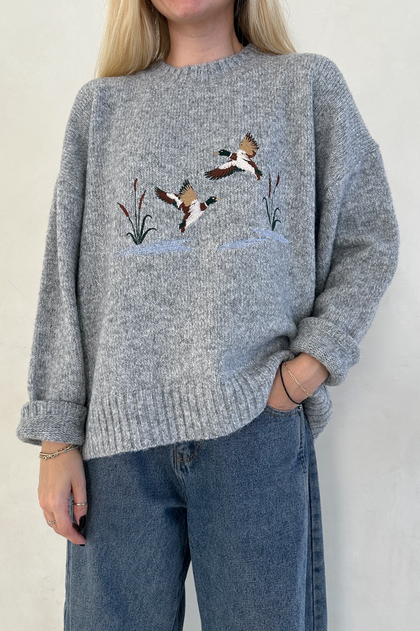 Mallard Embroidered Duck Knit Sweater in Heather Grey - Neutral Ground