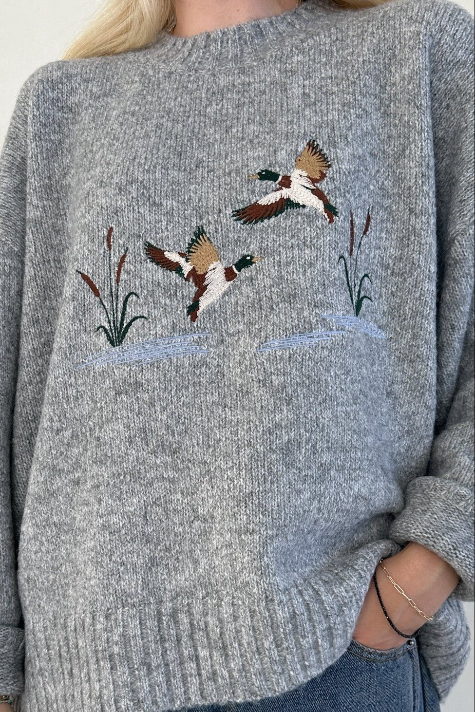 Mallard Embroidered Duck Knit Sweater in Heather Grey - Neutral Ground