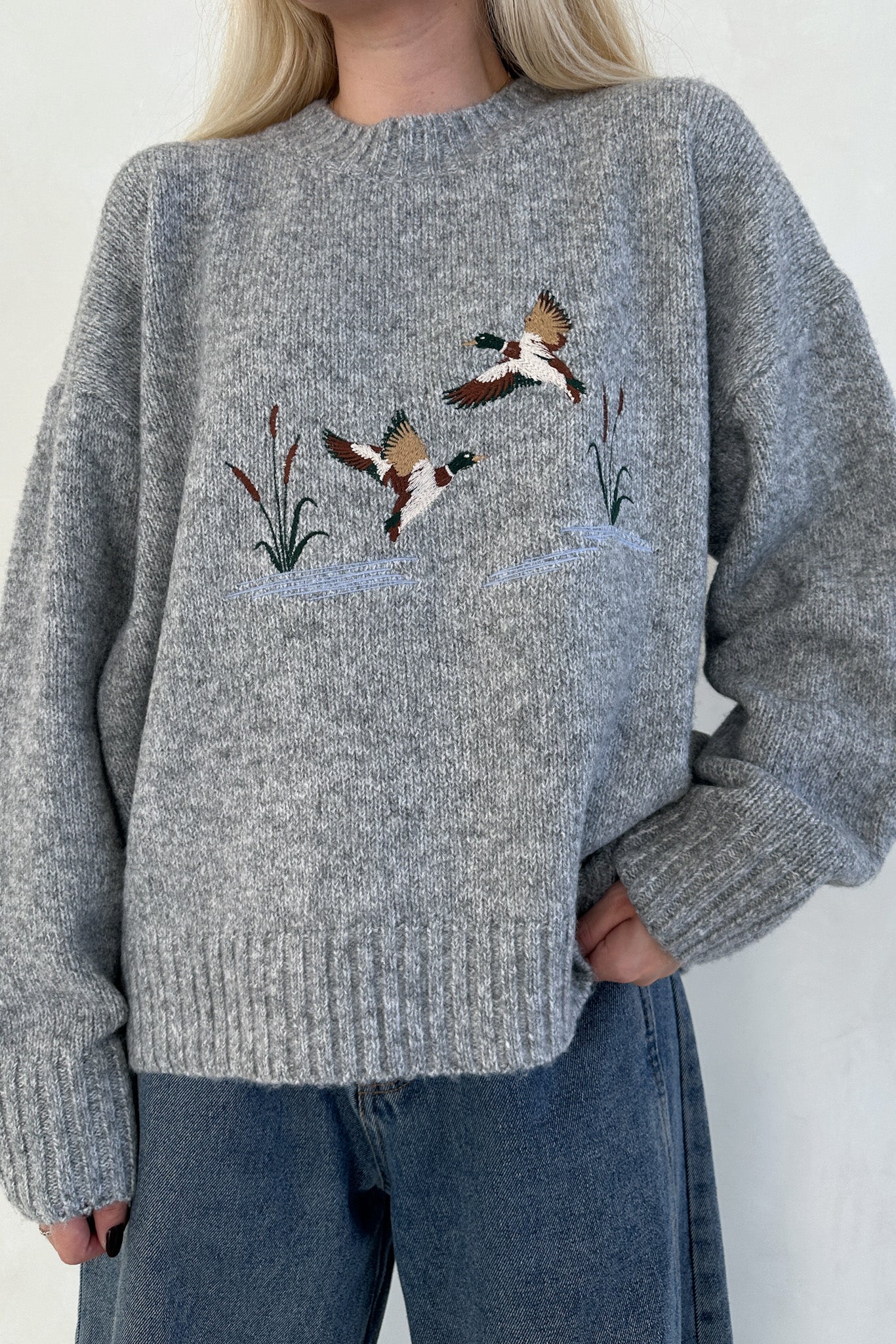 Mallard Embroidered Duck Knit Sweater in Heather Grey - Neutral Ground