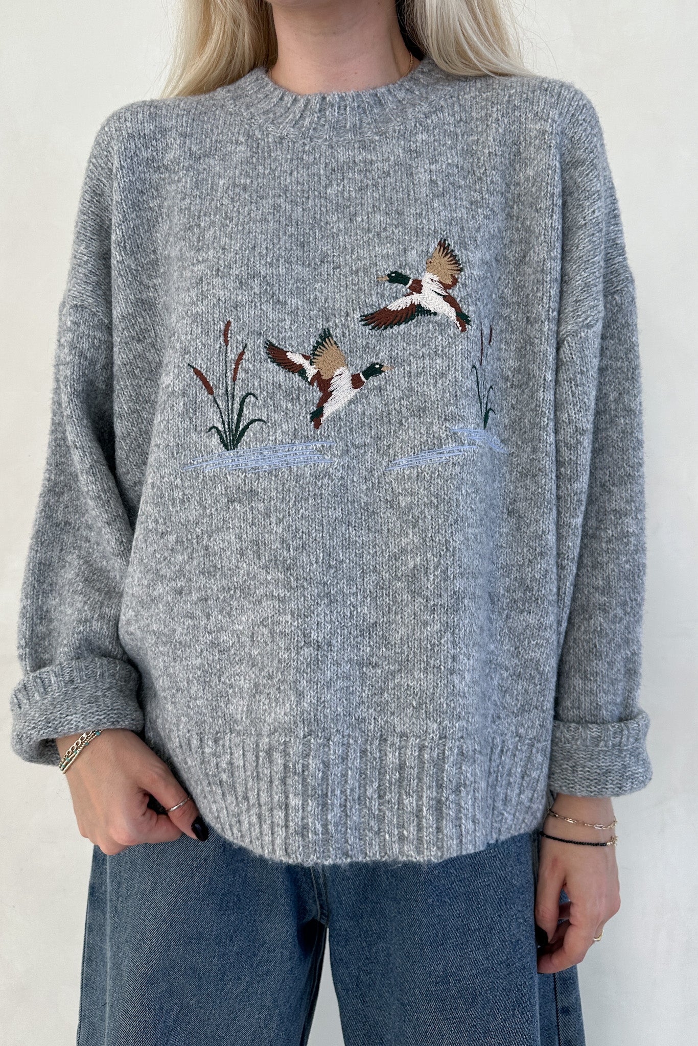 Mallard Embroidered Duck Knit Sweater in Heather Grey - Neutral Ground