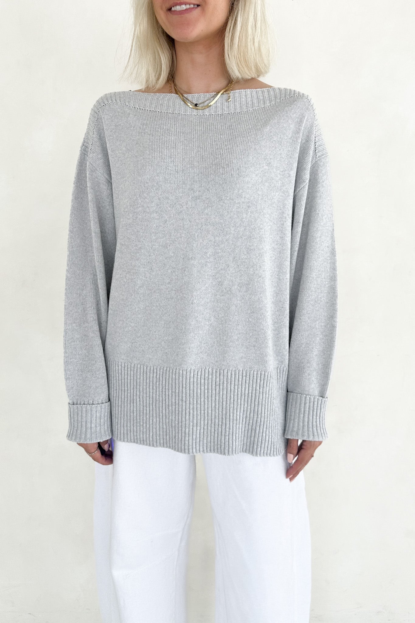 Maren Wide Boat Neck Dropped Shoulder Pullover Sweater in Grey - Neutral Ground
