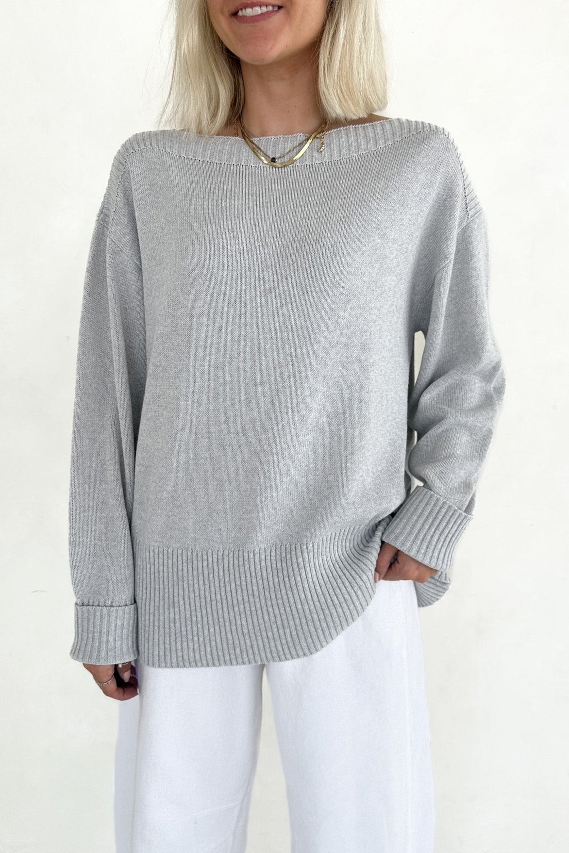 Maren Wide Boat Neck Dropped Shoulder Pullover Sweater in Grey - Neutral Ground