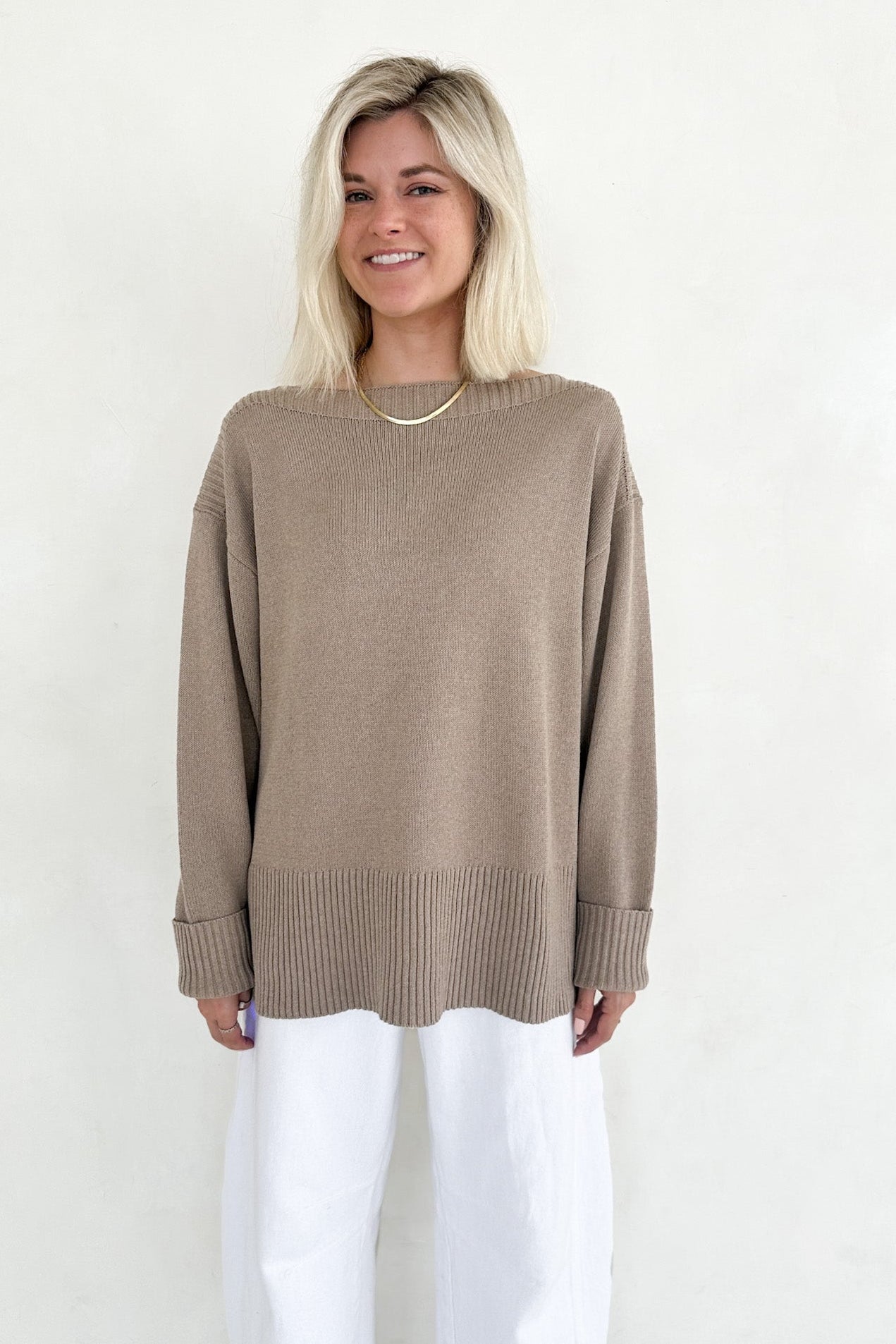 Maren Wide Boat Neck Dropped Shoulder Pullover Sweater in Mocha - Neutral Ground