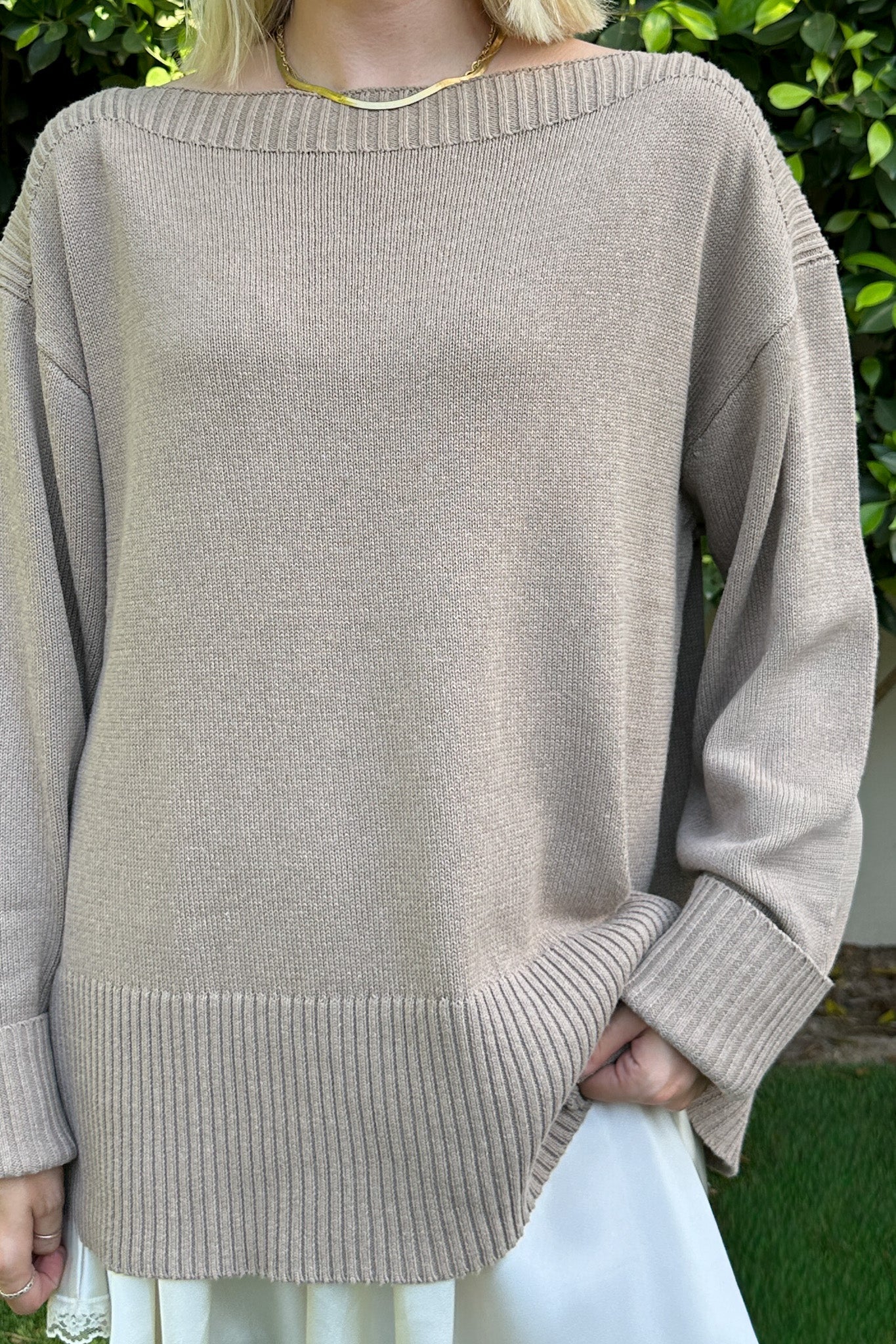 Maren Wide Boat Neck Dropped Shoulder Pullover Sweater in Mocha - Neutral Ground