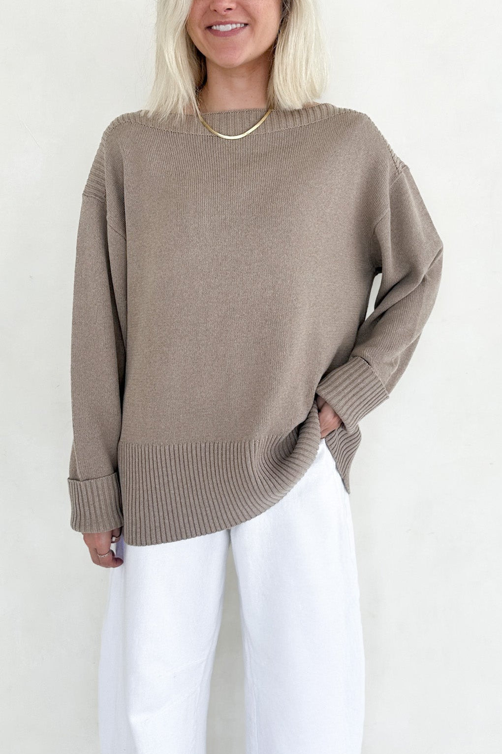 Maren Wide Boat Neck Dropped Shoulder Pullover Sweater in Mocha - Neutral Ground
