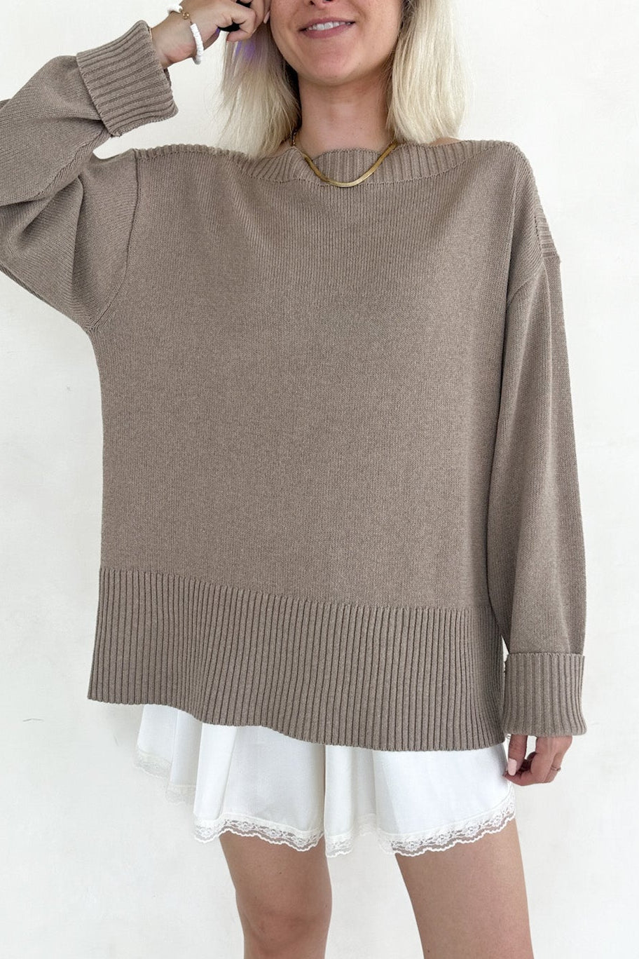 Maren Wide Boat Neck Dropped Shoulder Pullover Sweater in Mocha - Neutral Ground