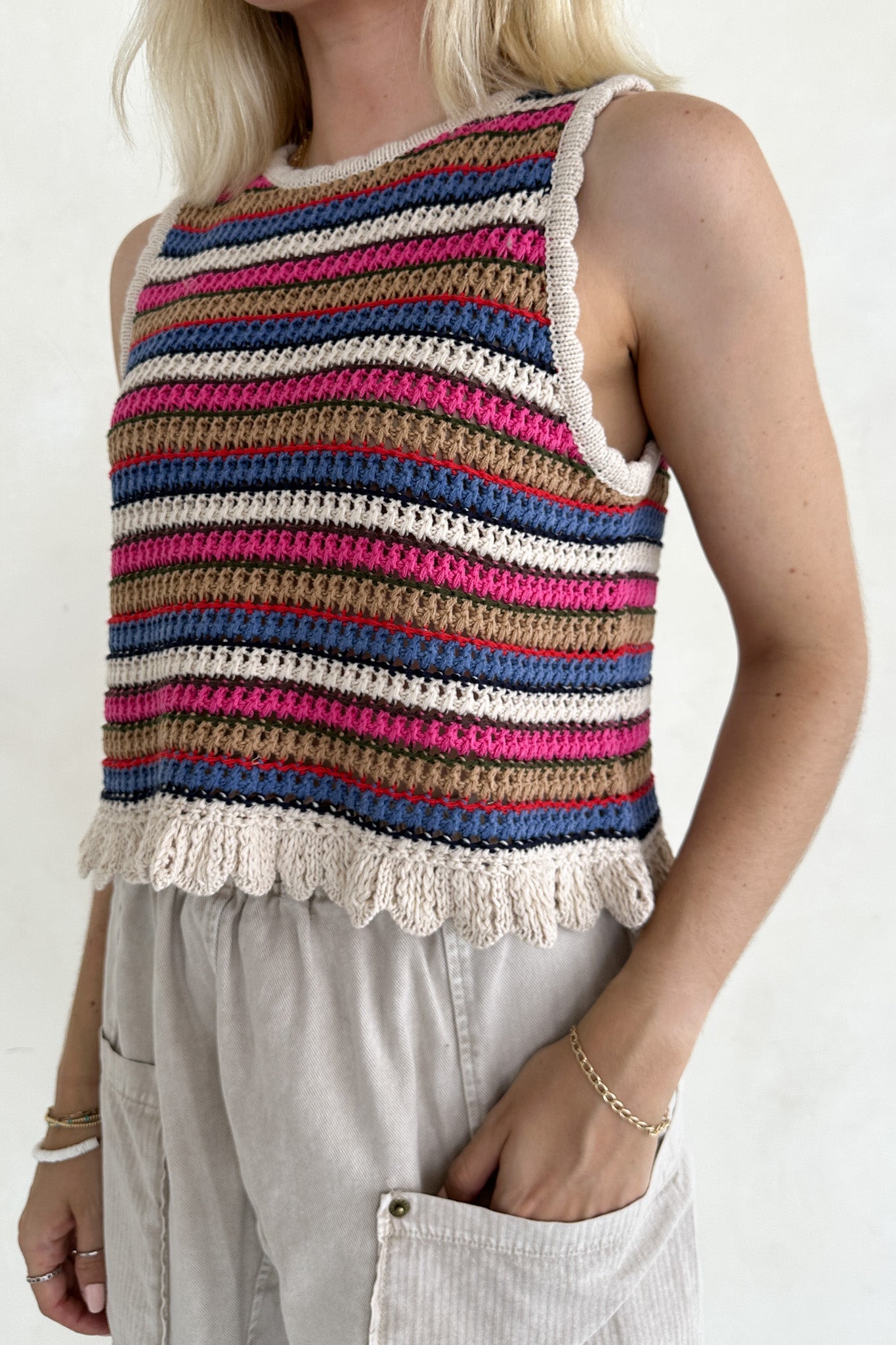 Margaux Rainbow Stripe Crochet Knit Top - Neutral Ground