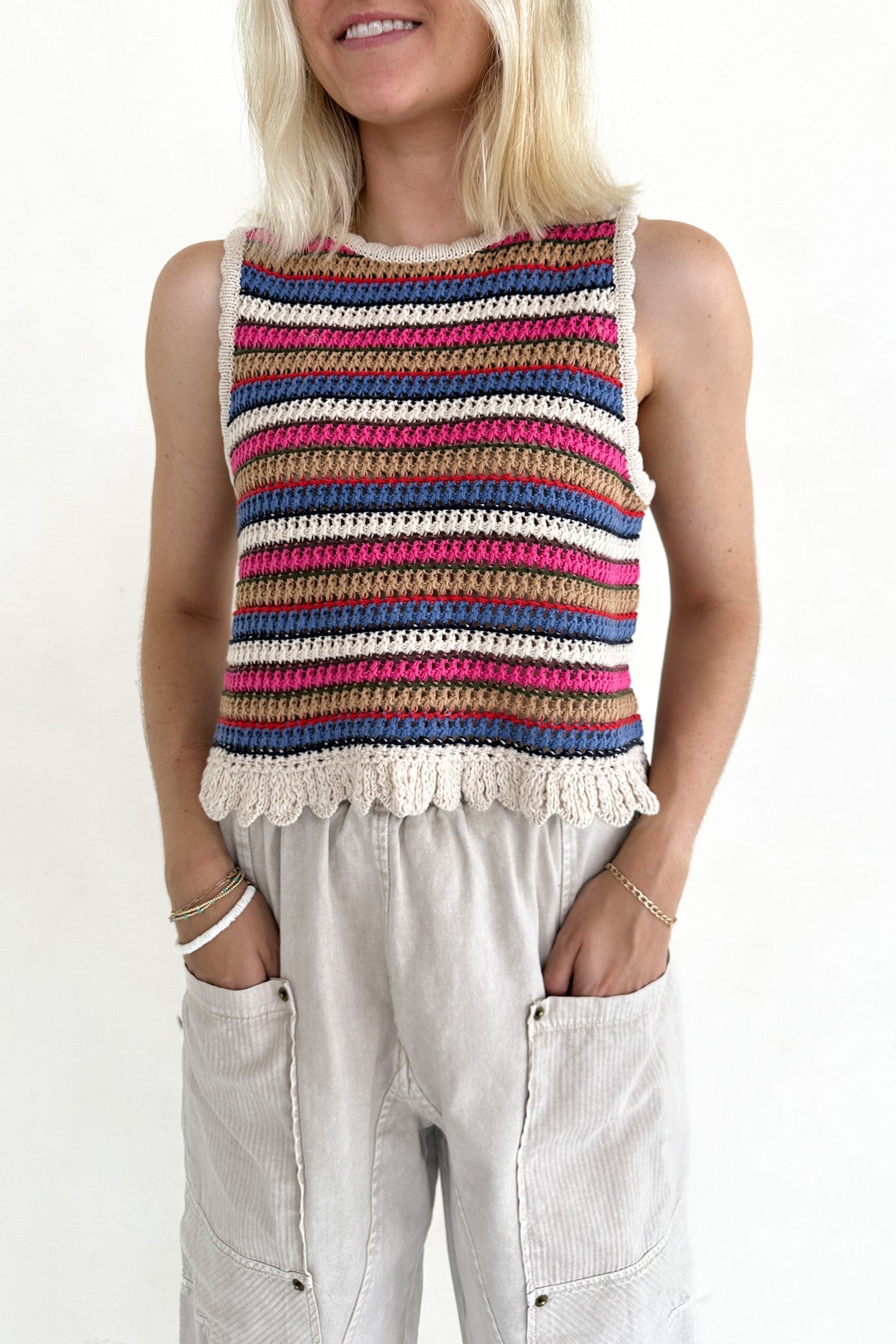 Margaux Rainbow Stripe Crochet Knit Top - Neutral Ground