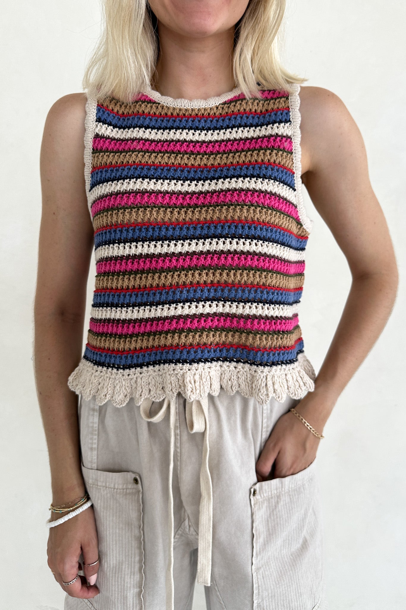 Margaux Rainbow Stripe Crochet Knit Top - Neutral Ground