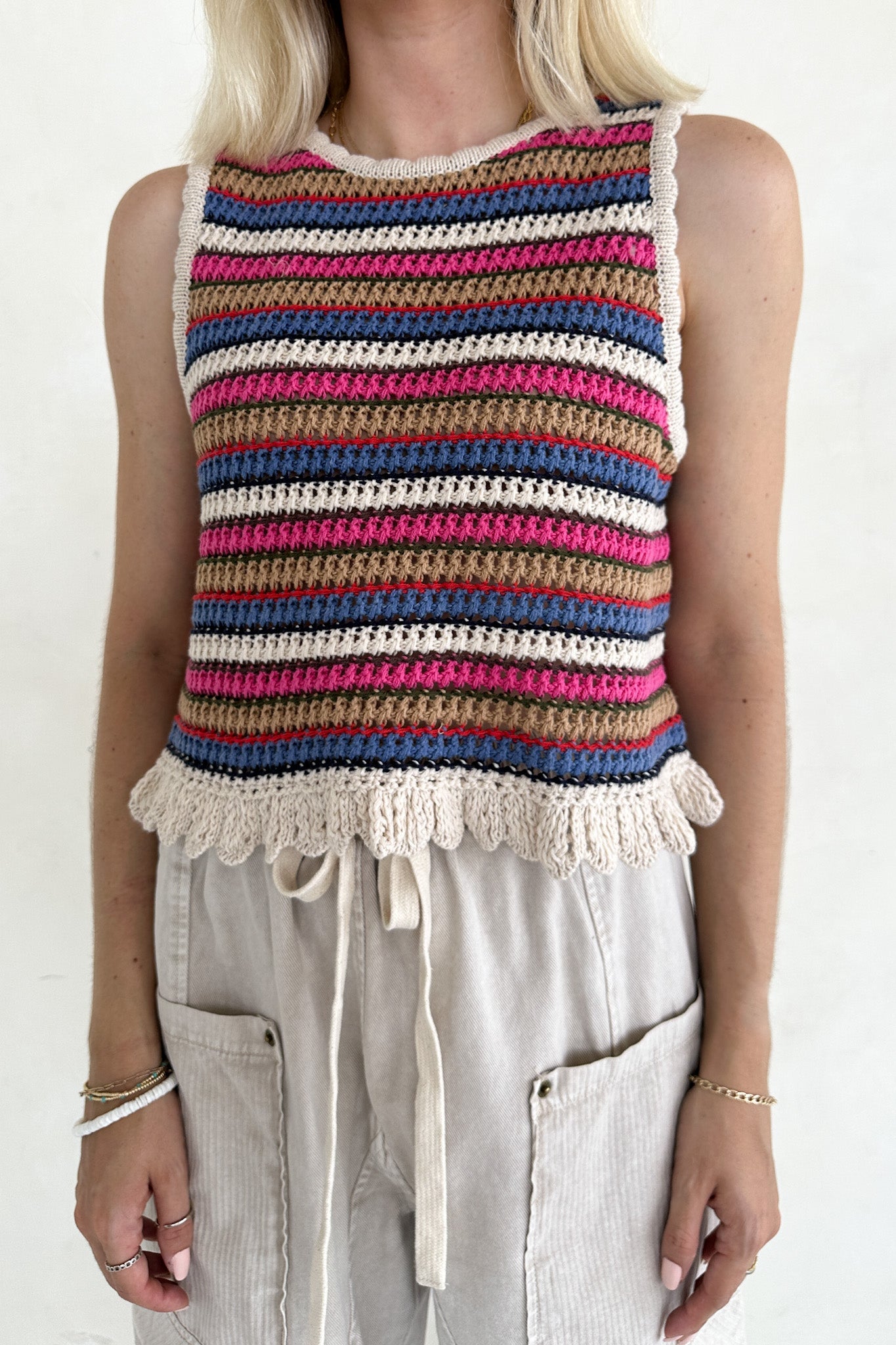 Margaux Rainbow Stripe Crochet Knit Top - Neutral Ground