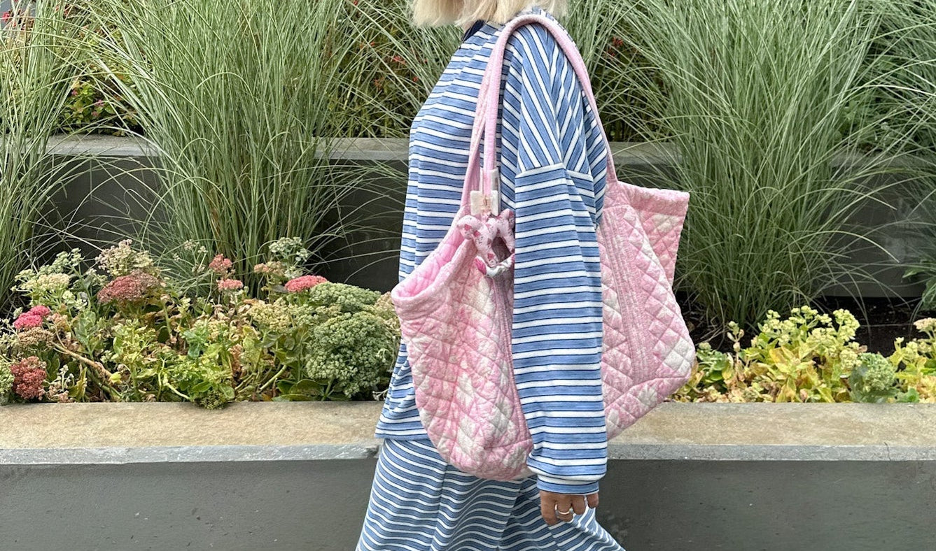 Market Quilted Tote Bag in Baby Pink and White - Neutral Ground