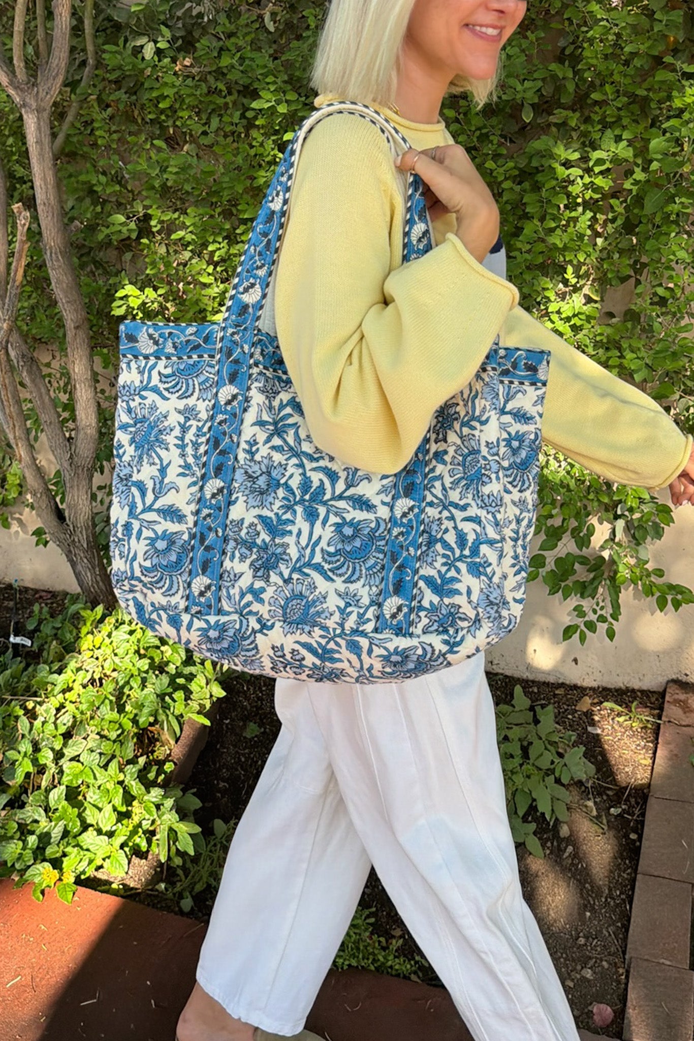 Market Quilted Tote Bag in Floral Blue - Neutral Ground