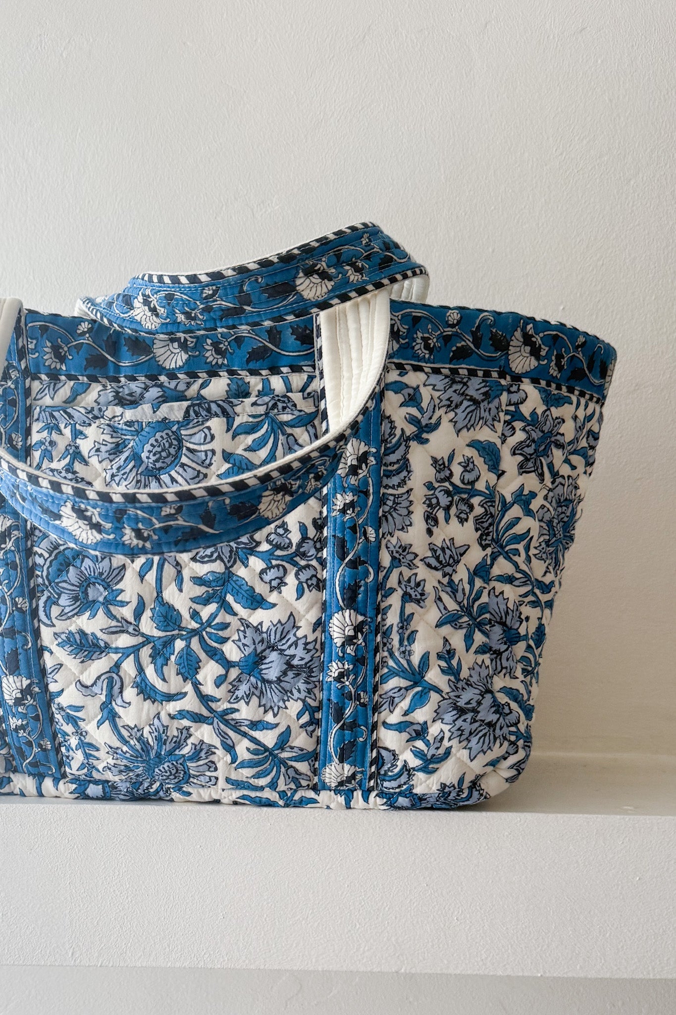 Market Quilted Tote Bag in Floral Blue - Neutral Ground