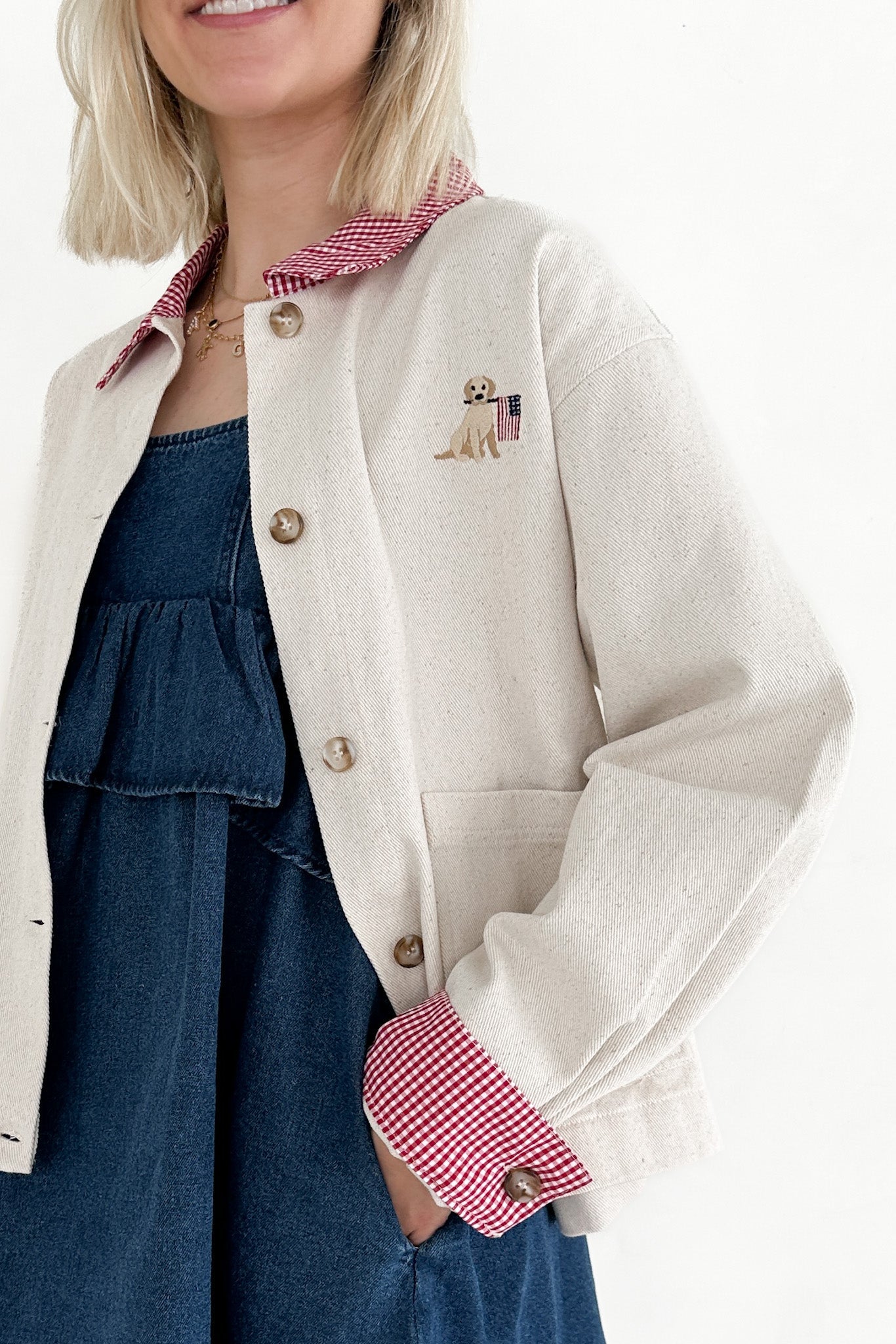 Marley USA With Dog Cotton Gingham Jacket - Neutral Ground