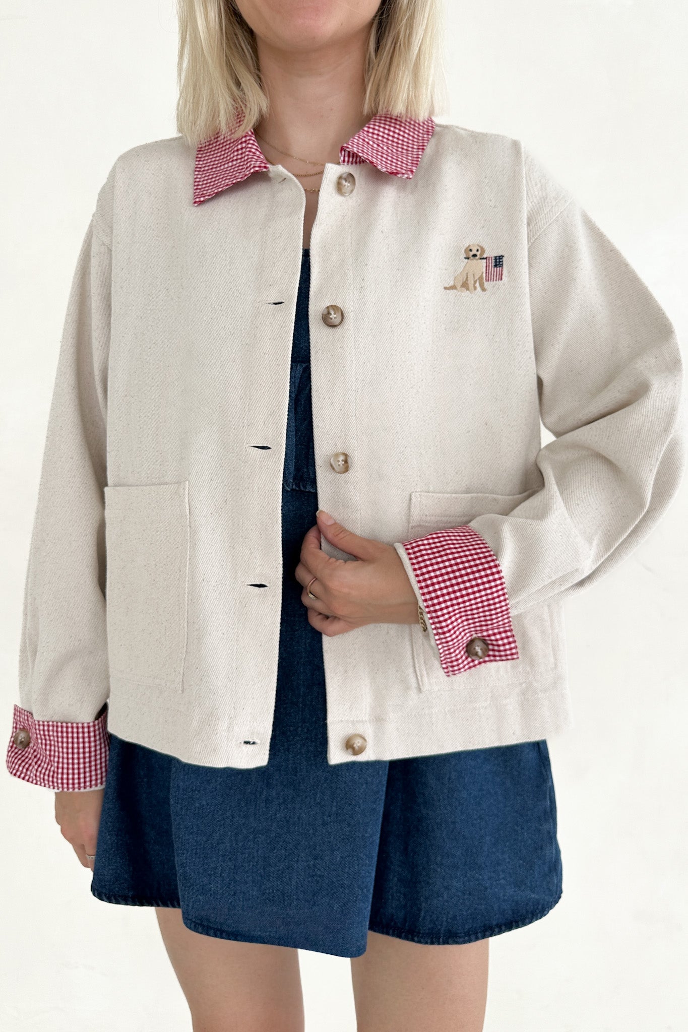 Marley USA With Dog Cotton Gingham Jacket - Neutral Ground