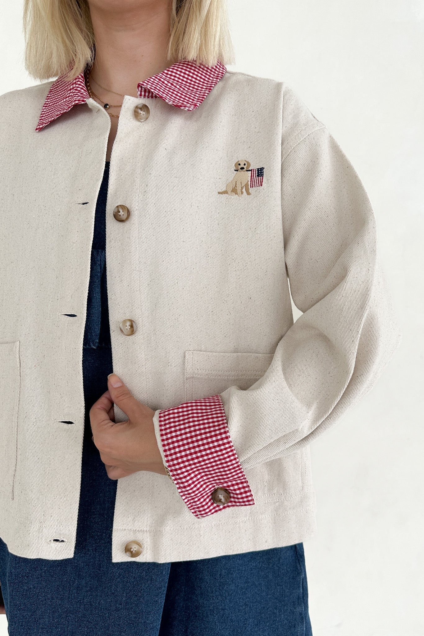Marley USA With Dog Cotton Gingham Jacket - Neutral Ground