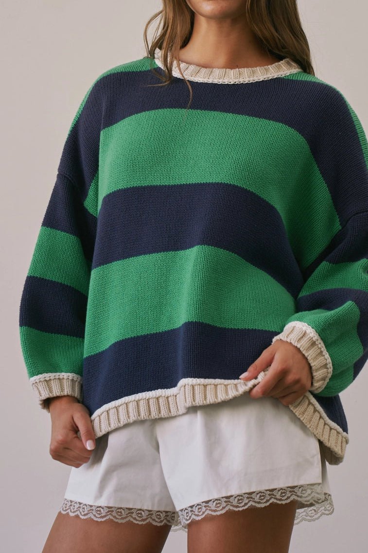 Match Point Striped Oversized Knit Pullover Sweater - Neutral Ground