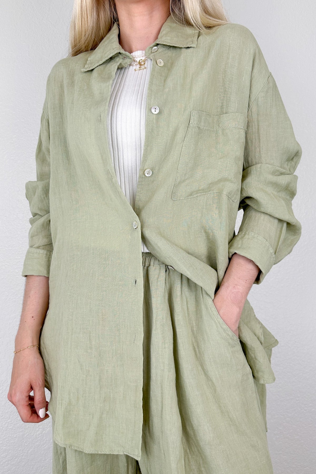 Linen Blend Stripe Button Down in Mocha main image 1