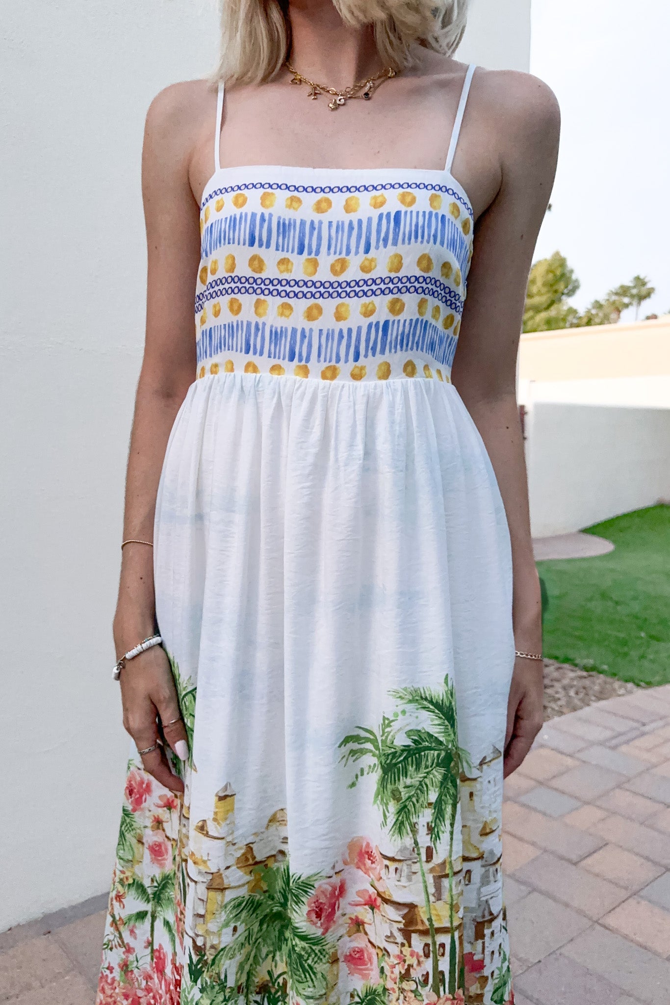 Meet Me in Capri Tropical Print Satin Dress - Neutral Ground
