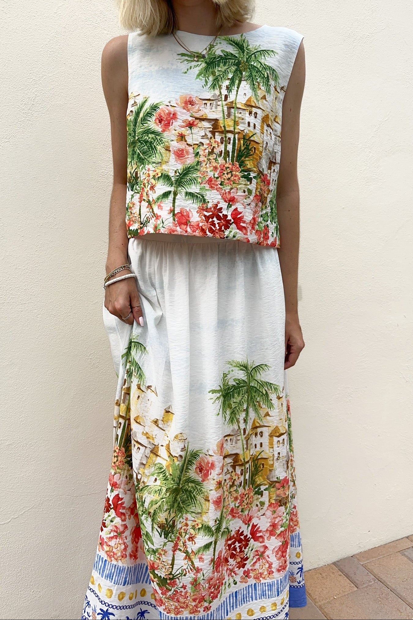Meet Me in Capri Tropical Print Satin Midi Skirt - Neutral Ground