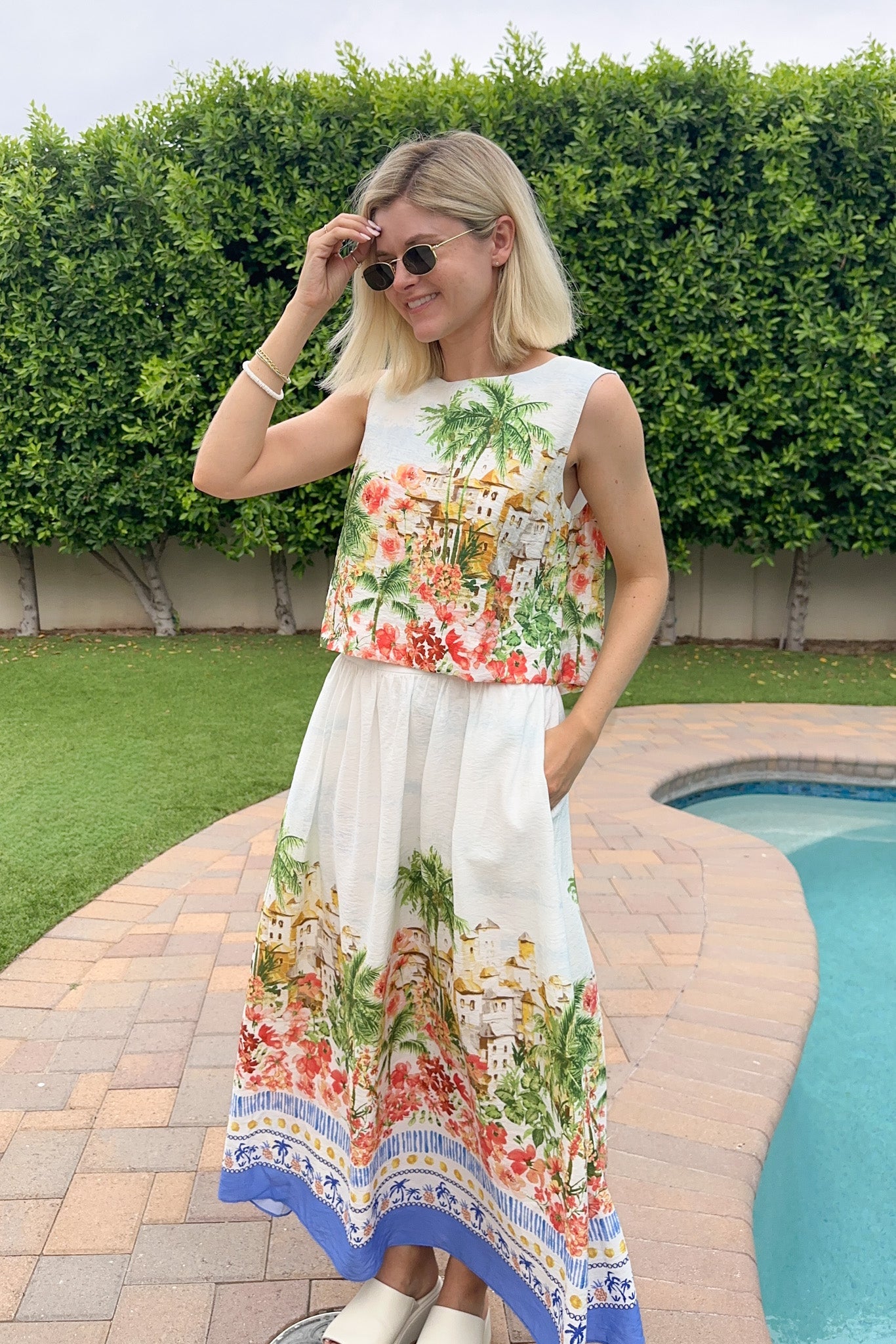 Meet Me in Capri Tropical Print Satin Top - Neutral Ground