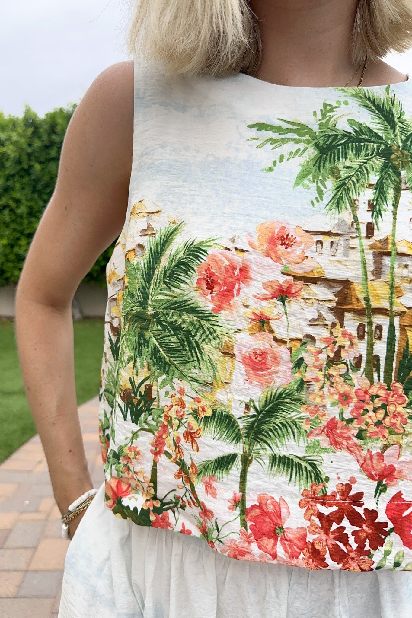Meet Me in Capri Tropical Print Satin Top - Neutral Ground