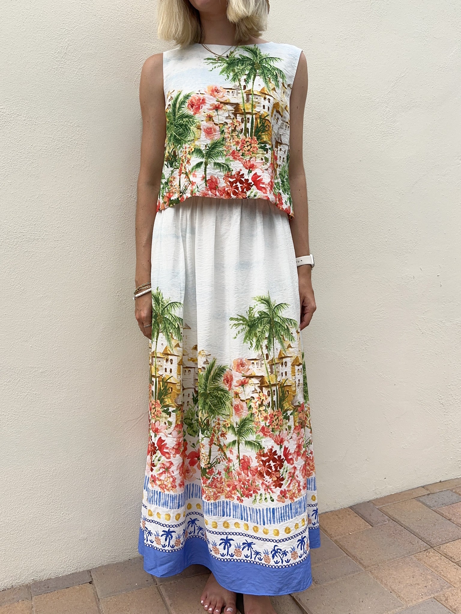 Meet Me in Capri Tropical Print Satin Top - Neutral Ground