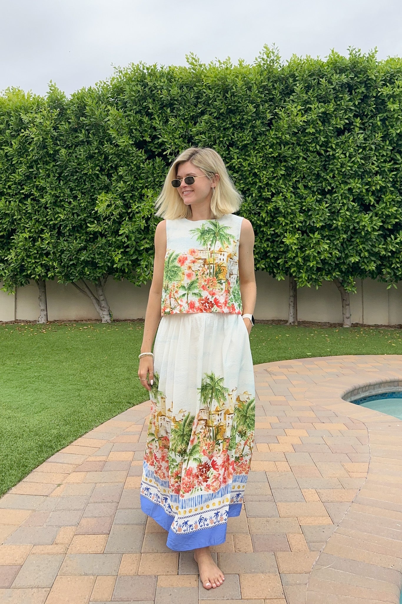 Meet Me in Capri Tropical Print Satin Top - Neutral Ground