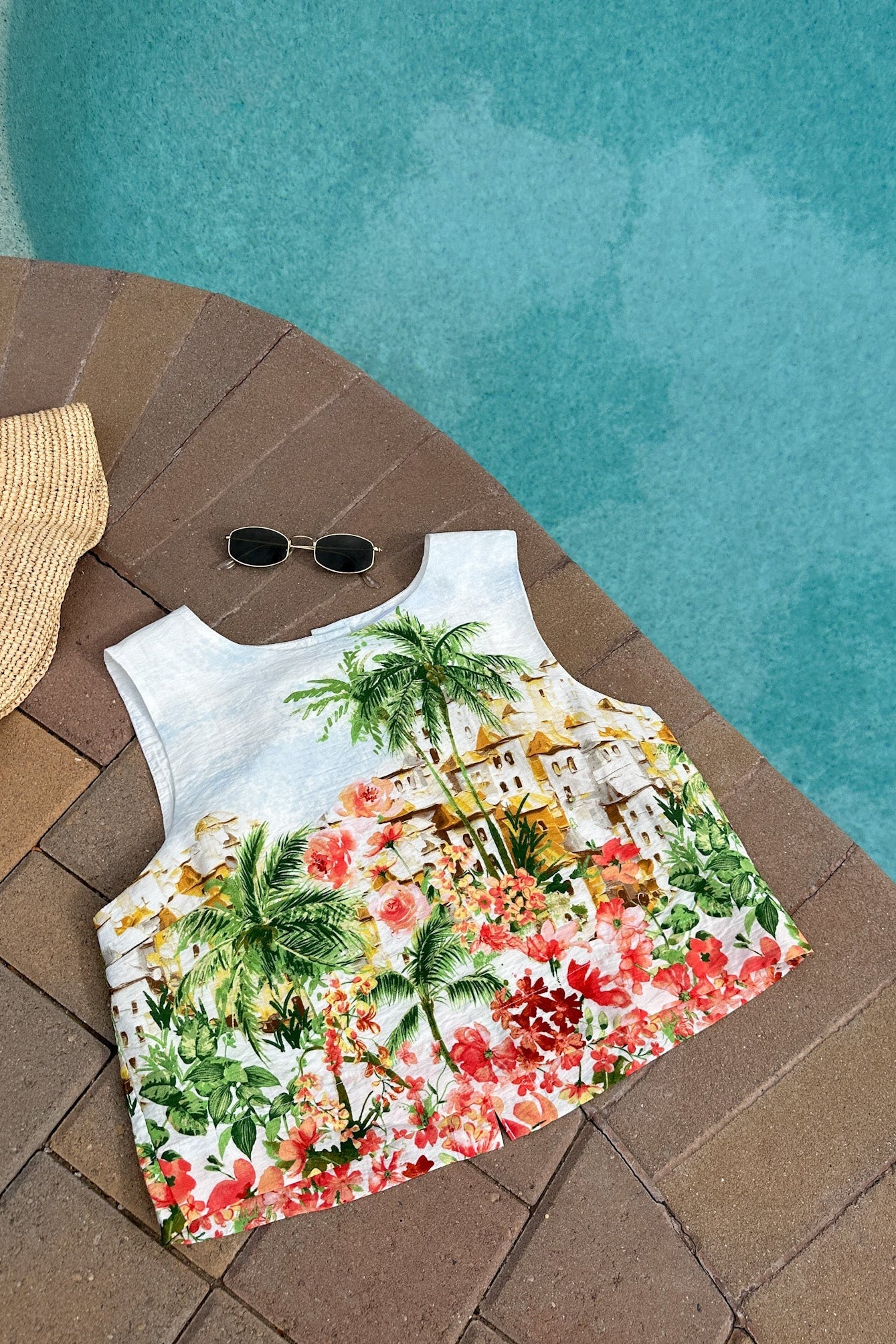 Meet Me in Capri Tropical Print Satin Top - Neutral Ground