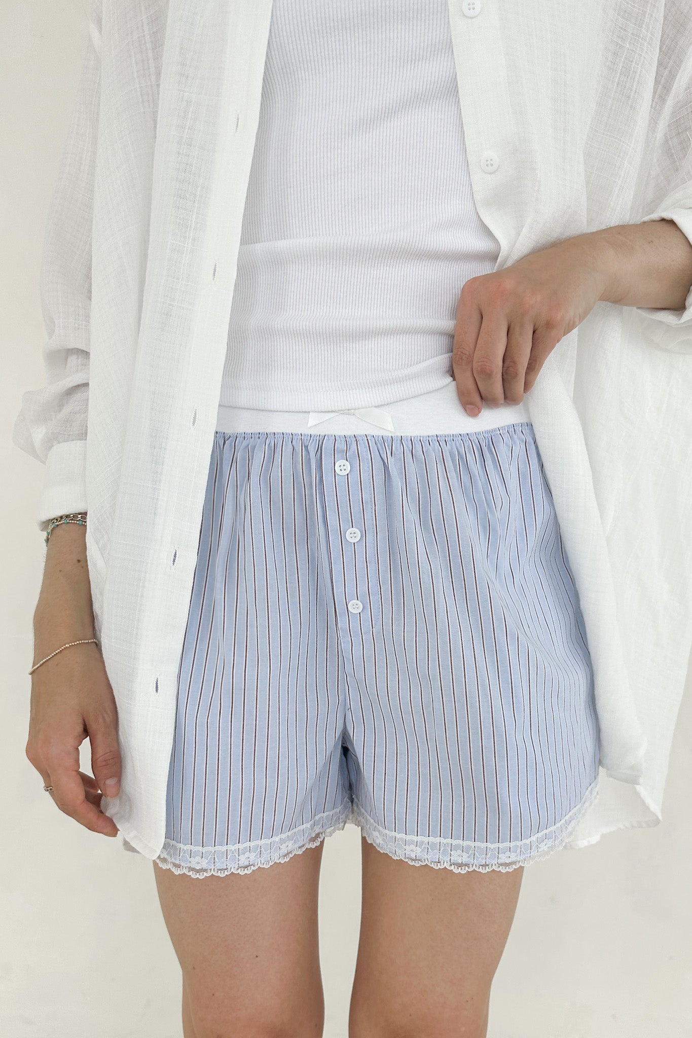 Merci Striped Lace Shorts in Blue - Neutral Ground